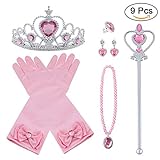 Vicloon 9Pcs Princesa Vestir Accesorios Regalo Conjunto de Belleza Corona Sceptre Collar Guantes para Niña - Rosado