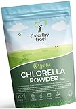 Chlorella en Polvo Orgánico de TheHealthyTree Company para Zumos y Batidos Veganos - Alto en B12, Proteína y Hierro - Certificado por el Reino Unido de Pared Celular Rota Clorela (250 g)
