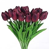JUSTOYOU - 20 tulipanes artificiales de látex de tacto real para decoración de bodas, hogar, jardín, rojo vino, Paquete de 20