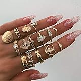 Edary Juego de anillos de cruz vintage para nudillos con piedras preciosas, anillo de oro para nudillos de buena suerte para mujeres y niñas (15 piezas)