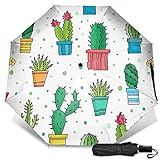 Cactus y Plantas Verdes Preciosas en macetas Manual Plegable Triple Plegable Paraguas de Lluvia de Viaje Protección UV Fuerte a Prueba de Viento