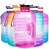 BuildLife Botella de agua motivacional de 3,78 l, boca ancha con pajita y tiempo marcado para beber más diario, sin BPA, reutilizable, para gimnasio, deportes al aire libre (rosa claro, 3,78 L)
