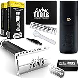 BARBER TOOLS  Kit de afeitado - Maquinilla de afeitar + 5 cuchillas de doble hoja + caja de 80 cuchillas de doble hoja + piedra de alumbre 100% Natural