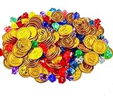 Rmeet Monedas Doradas de Pirata y Piedras Preciosas,72 Pack Plastico Monedas de Oro + 72 Pack Piratas Gemas de Pirata Conjunto para niños Juegos para Niños Infantiles